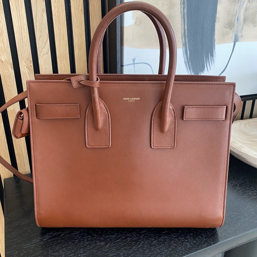 Saint Laurent Cognac Sac Du Jour Leather Tote with Top Handles small